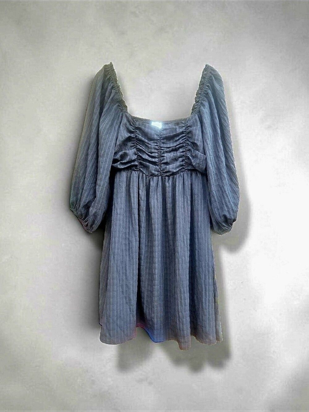 Le Lis Babydoll Mini Dress Size L Smocked Bust Square Neck Puff Sleeves